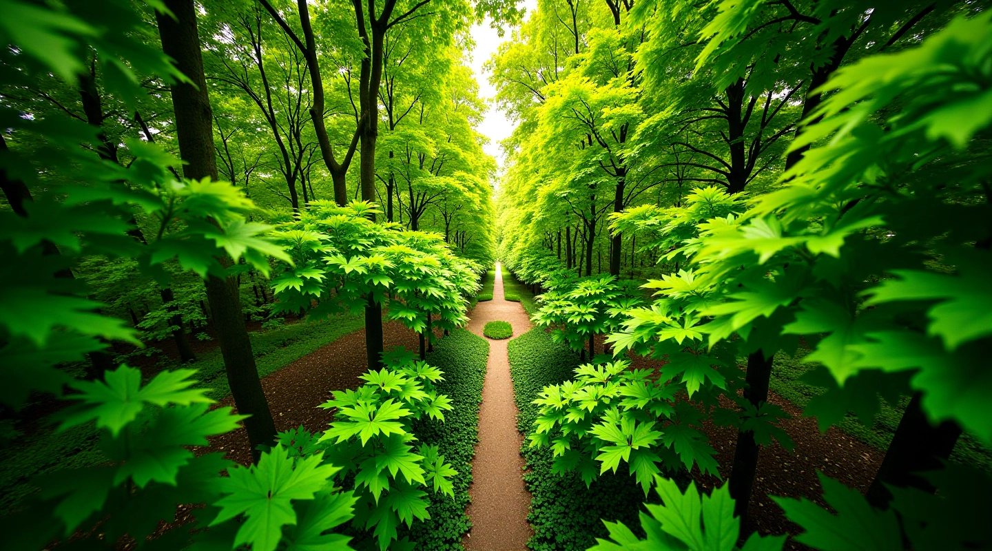 Overhead view of the maple canopy with dense green foliage and dappled light patterns