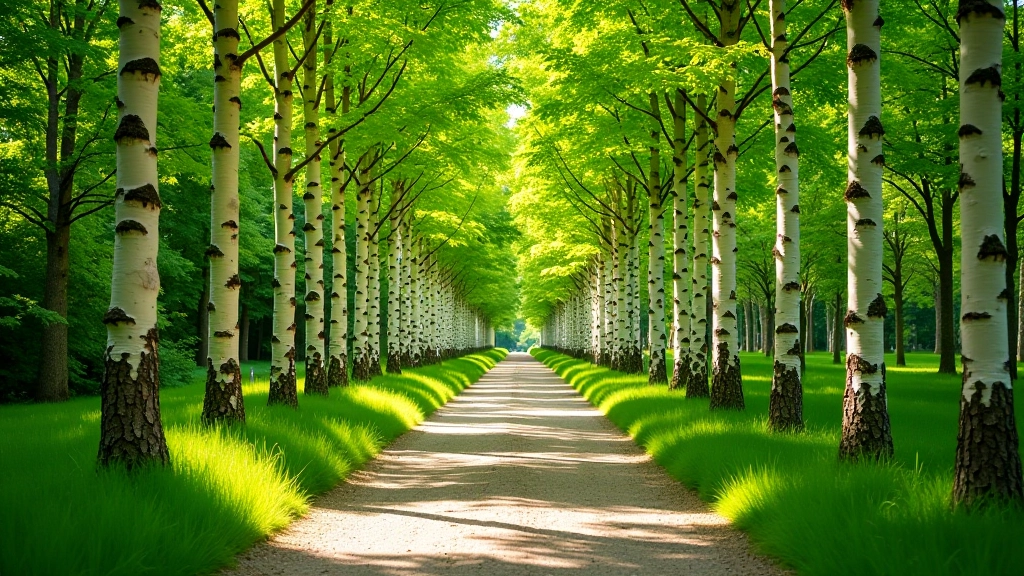 Birch tree path with dappled sunlight filtering through white birch bark and green canopy