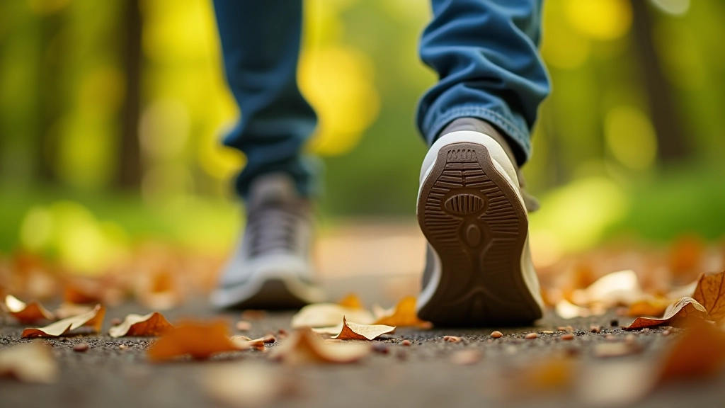 Close-up of comfortable walking shoes with good arch support on a shaded garden path, showing proper footwear for senior walking