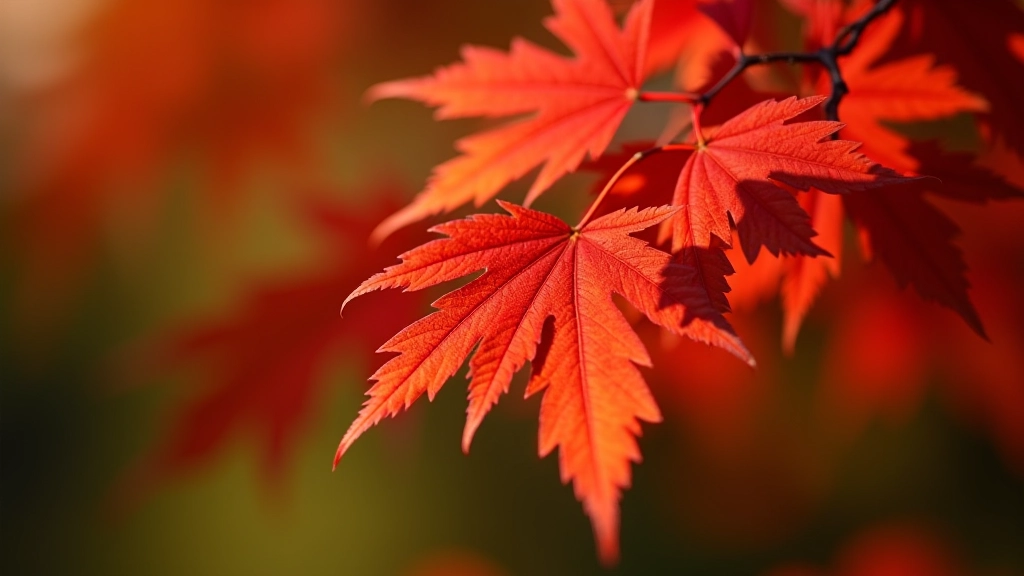 Close-up of red Japanese maple leaves with intricate branching patterns in natural sunlight