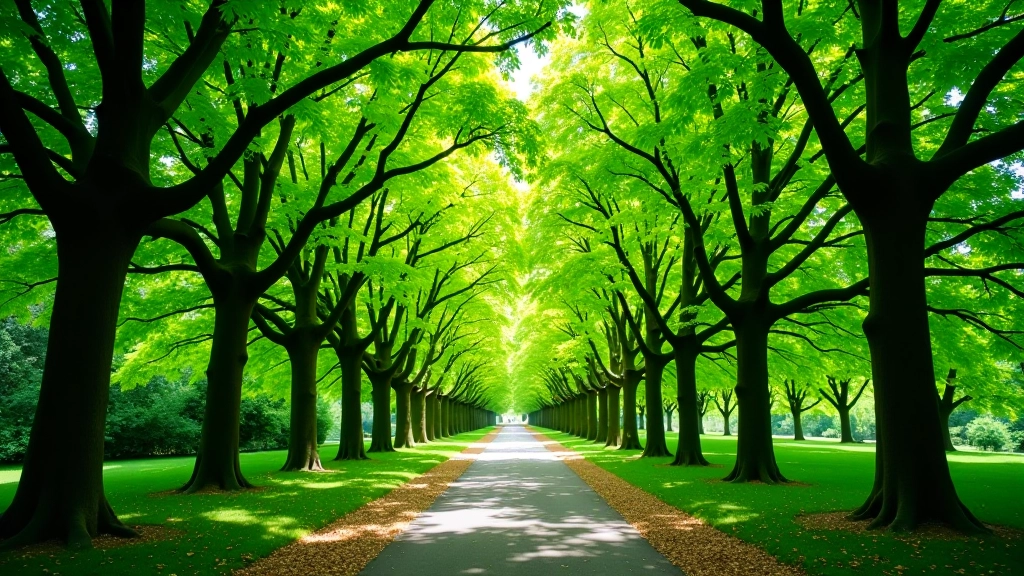 Maple canopy overhead with dense green foliage creating tunnel-like shade effect over walking path