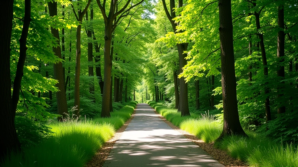 Winding path with mixed tree species creating varied light and shade patterns throughout route