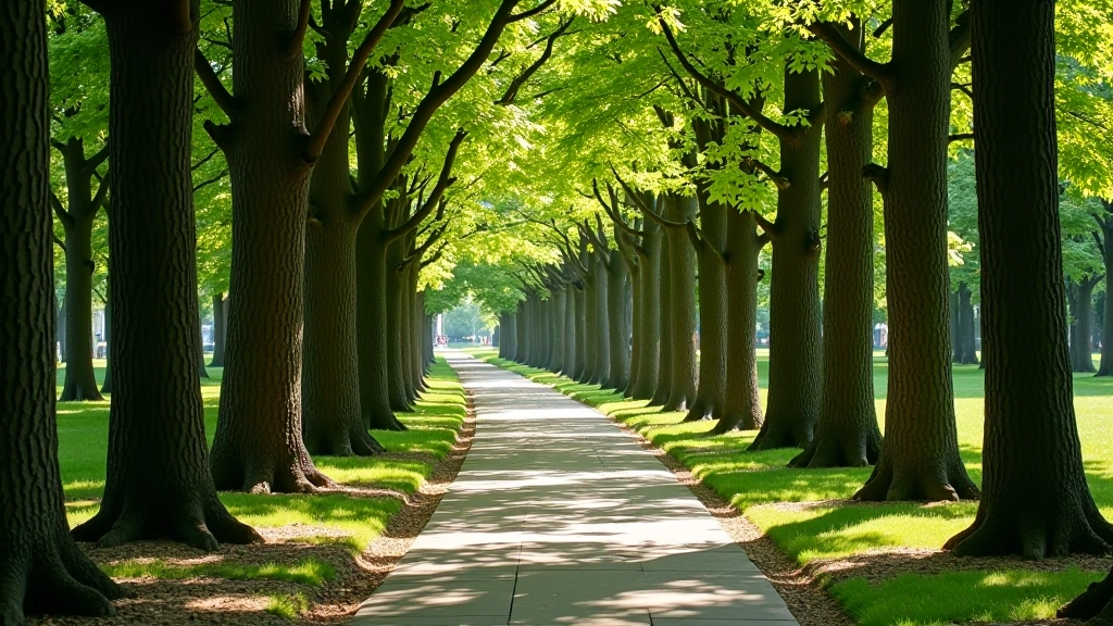 Stone pathway through oak forest with large tree trunks creating dappled shade pattern