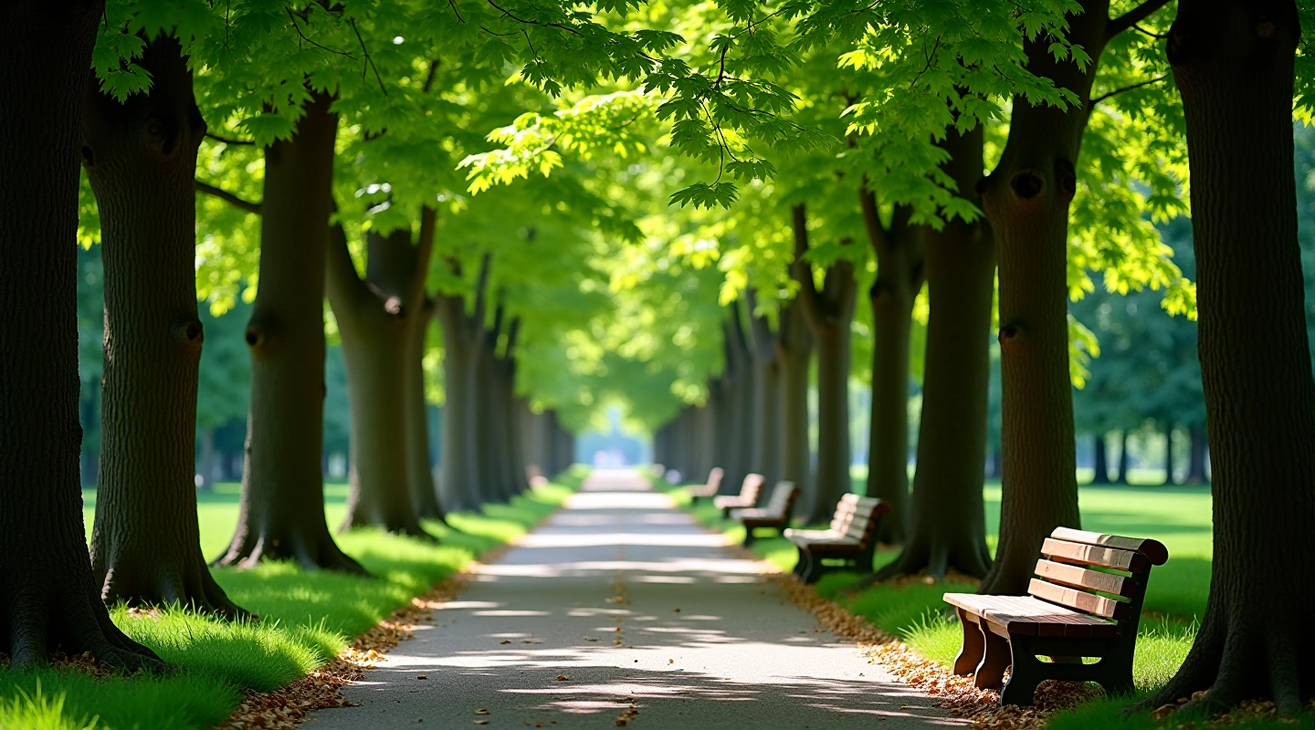 Shaded pathway through maple tree canopy with benches along the side in mizajmeraėnai Arboretum