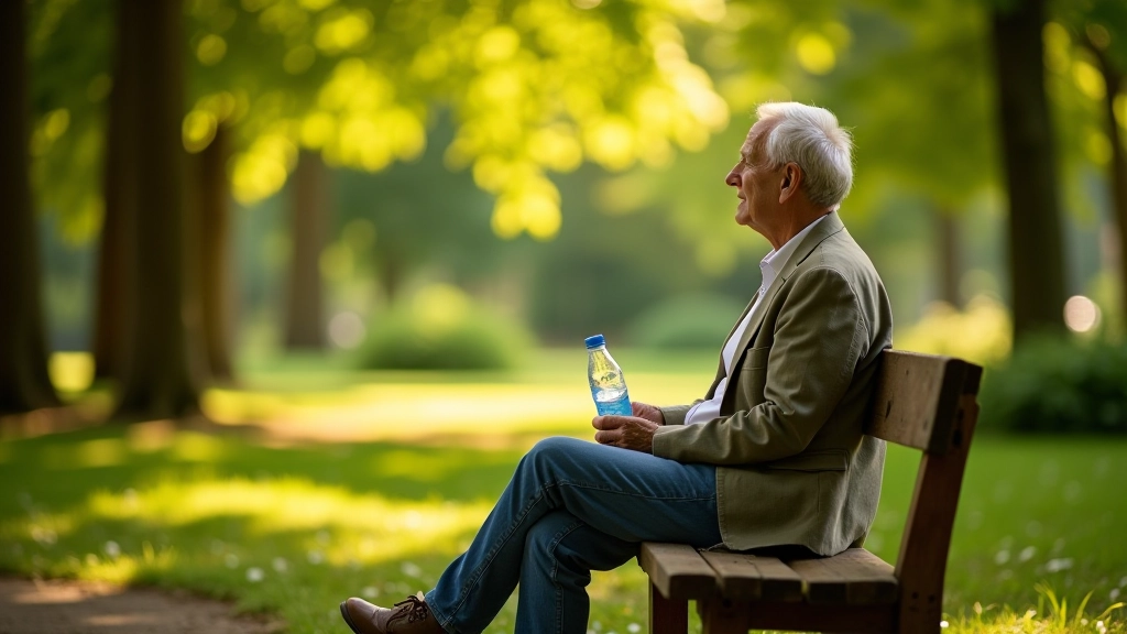 Person holding a water bottle while sitting on a bench in the shade, resting during a walk through the arboretum