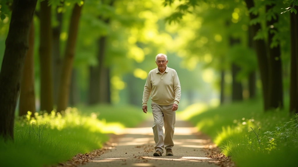 Senior person walking at a comfortable moderate pace on a tree-shaded path, demonstrating relaxed walking posture and breathing rhythm
