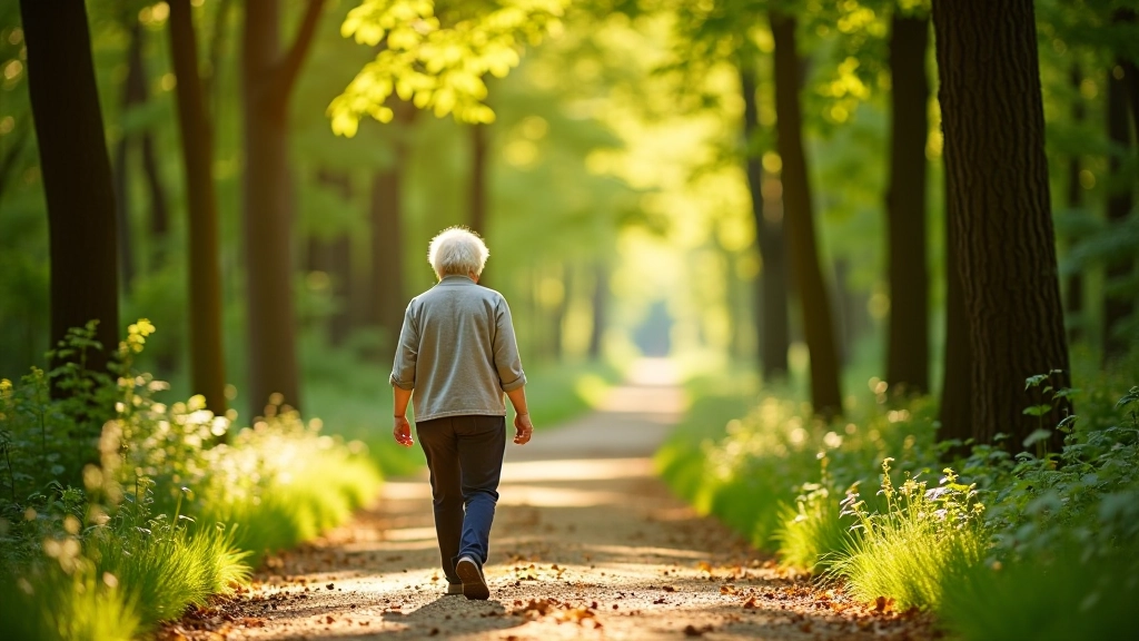 A senior enjoying a peaceful walk on a shaded arboretum path