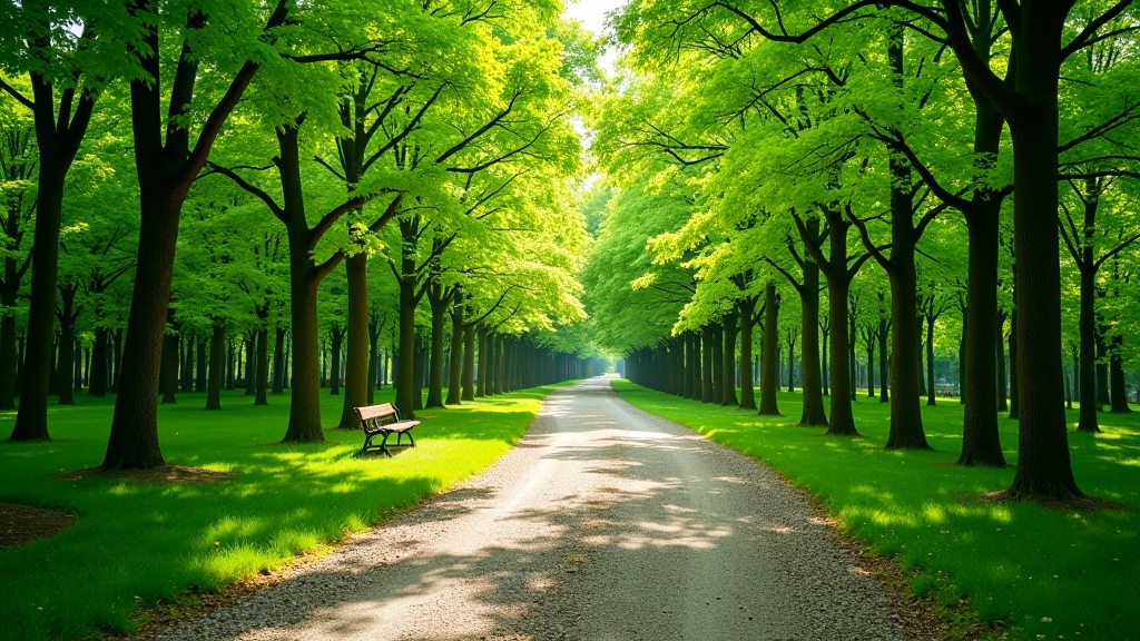 Winding dirt and gravel pathway through dense maple trees with overhead canopy creating dappled light patterns, mature foliage