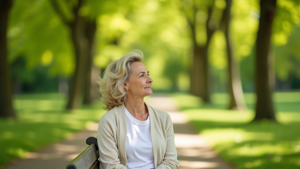 Senior woman sitting comfortably on bench in shade, relaxed posture, peaceful outdoor setting with trees