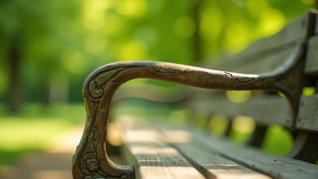 Close-up view of wooden bench armrest with weathered wood grain and lichen patterns in afternoon shade