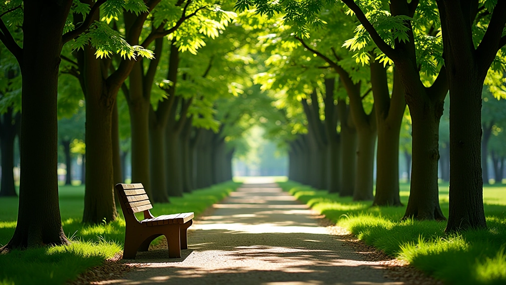 Close-up of wooden bench in shaded area with trees providing natural cover